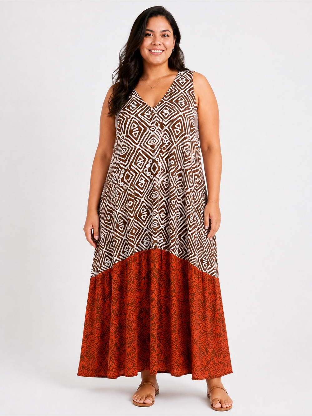 Ashley Stewart 18/20 Brown Orange Geometric Sleeveless Midi Maxi Dress